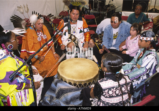 Native Americans drum & sing at Indian powwow; Seattle Salmon Stock ...