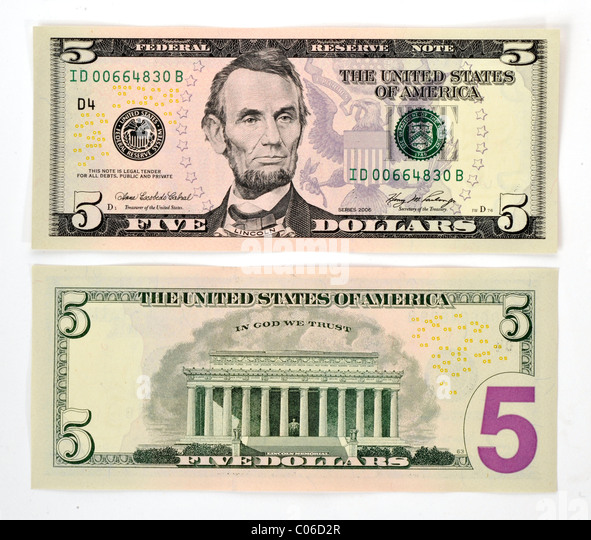 5 U.S. dollar banknote, front and back Stock Photo, Royalty Free Image ...